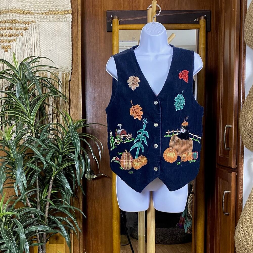 Vintage 90s Embroidered Corduroy Vest Womens M Navy Pumpkin Farm Cat Cottagecore